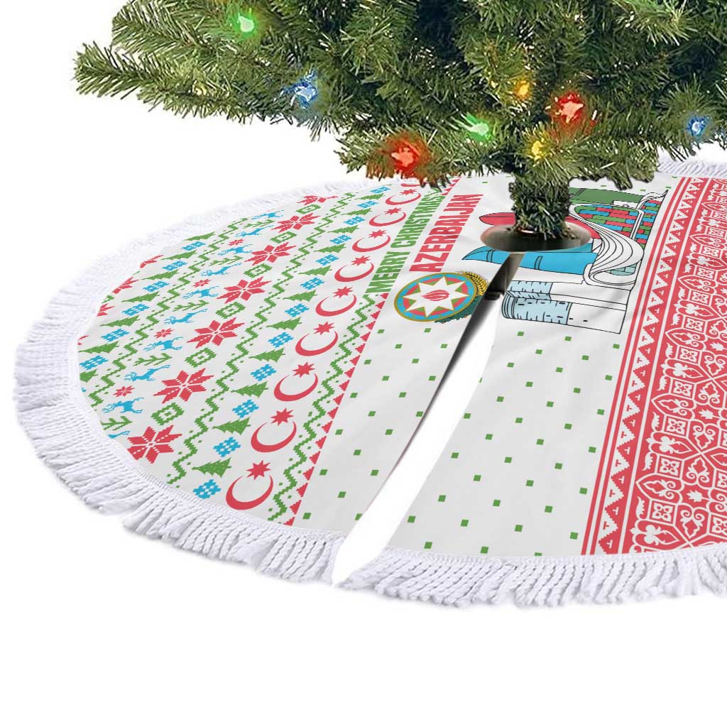 Azerbaijan Christmas Tree Skirt with Baku Skyline Azerbaijan Flag and Red Green Snowflake Pattern Design - Wonder Print Shop