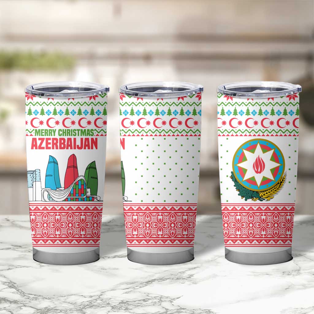 Azerbaijan Christmas Tumbler Cup with Baku Skyline Azerbaijan Flag and Red Green Snowflake Pattern Design - Wonder Print Shop