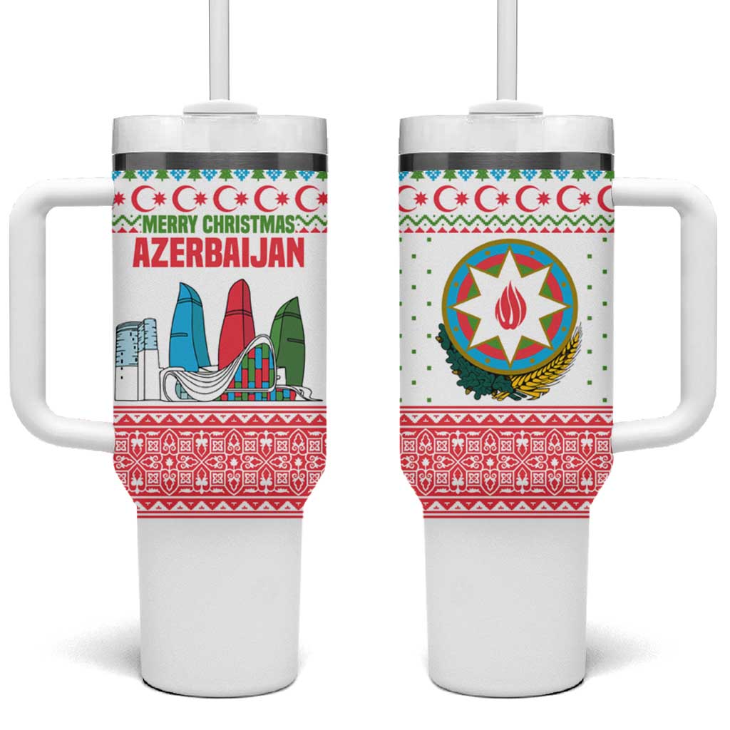 Azerbaijan Christmas Tumbler With Handle with Baku Skyline Azerbaijan Flag and Red Green Snowflake Pattern Design - Wonder Print Shop