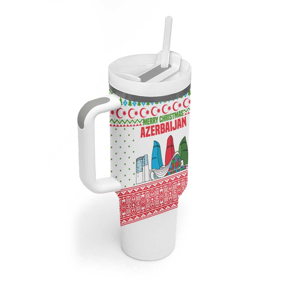 Azerbaijan Christmas Tumbler With Handle with Baku Skyline Azerbaijan Flag and Red Green Snowflake Pattern Design - Wonder Print Shop