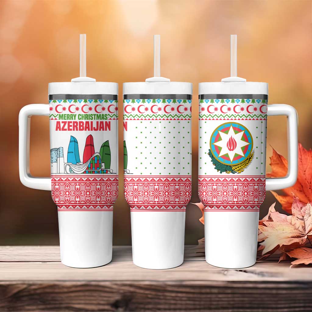 Azerbaijan Christmas Tumbler With Handle with Baku Skyline Azerbaijan Flag and Red Green Snowflake Pattern Design - Wonder Print Shop