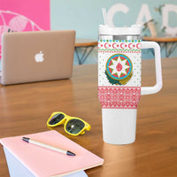Azerbaijan Christmas Tumbler With Handle with Baku Skyline Azerbaijan Flag and Red Green Snowflake Pattern Design - Wonder Print Shop