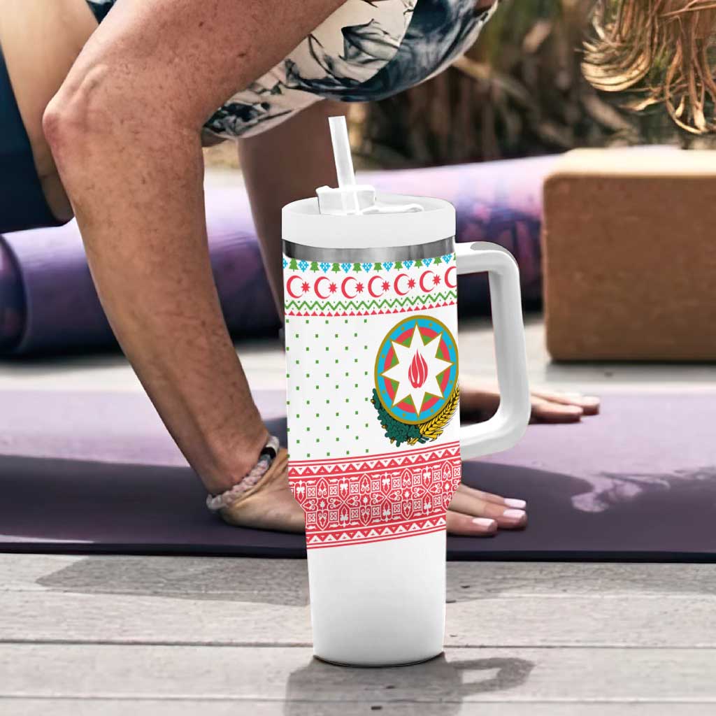 Azerbaijan Christmas Tumbler With Handle with Baku Skyline Azerbaijan Flag and Red Green Snowflake Pattern Design - Wonder Print Shop