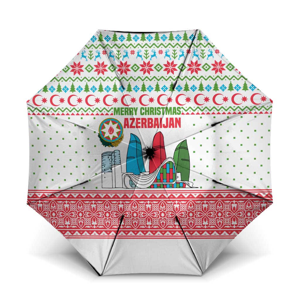 Azerbaijan Christmas Umbrella with Baku Skyline Azerbaijan Flag and Red Green Snowflake Pattern Design - Wonder Print Shop