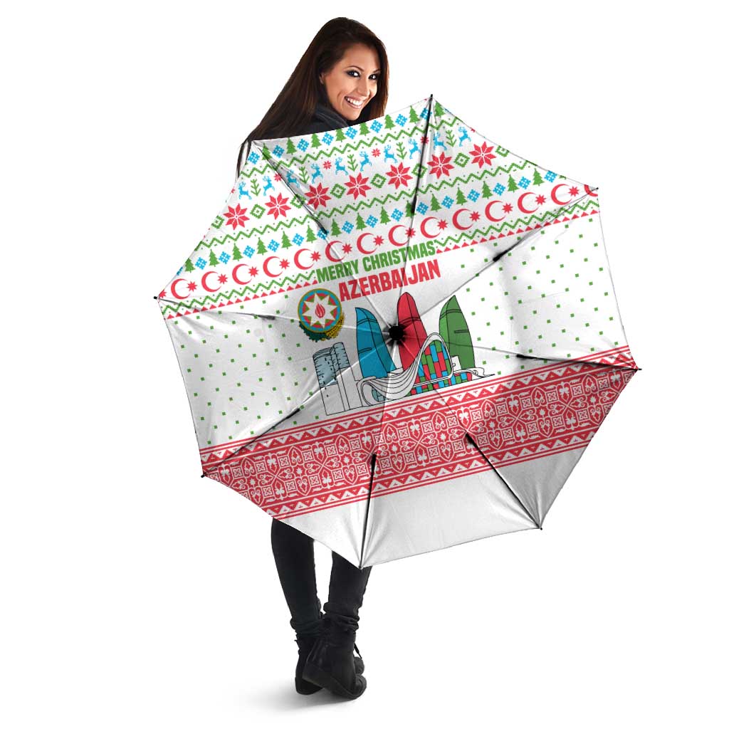 Azerbaijan Christmas Umbrella with Baku Skyline Azerbaijan Flag and Red Green Snowflake Pattern Design - Wonder Print Shop