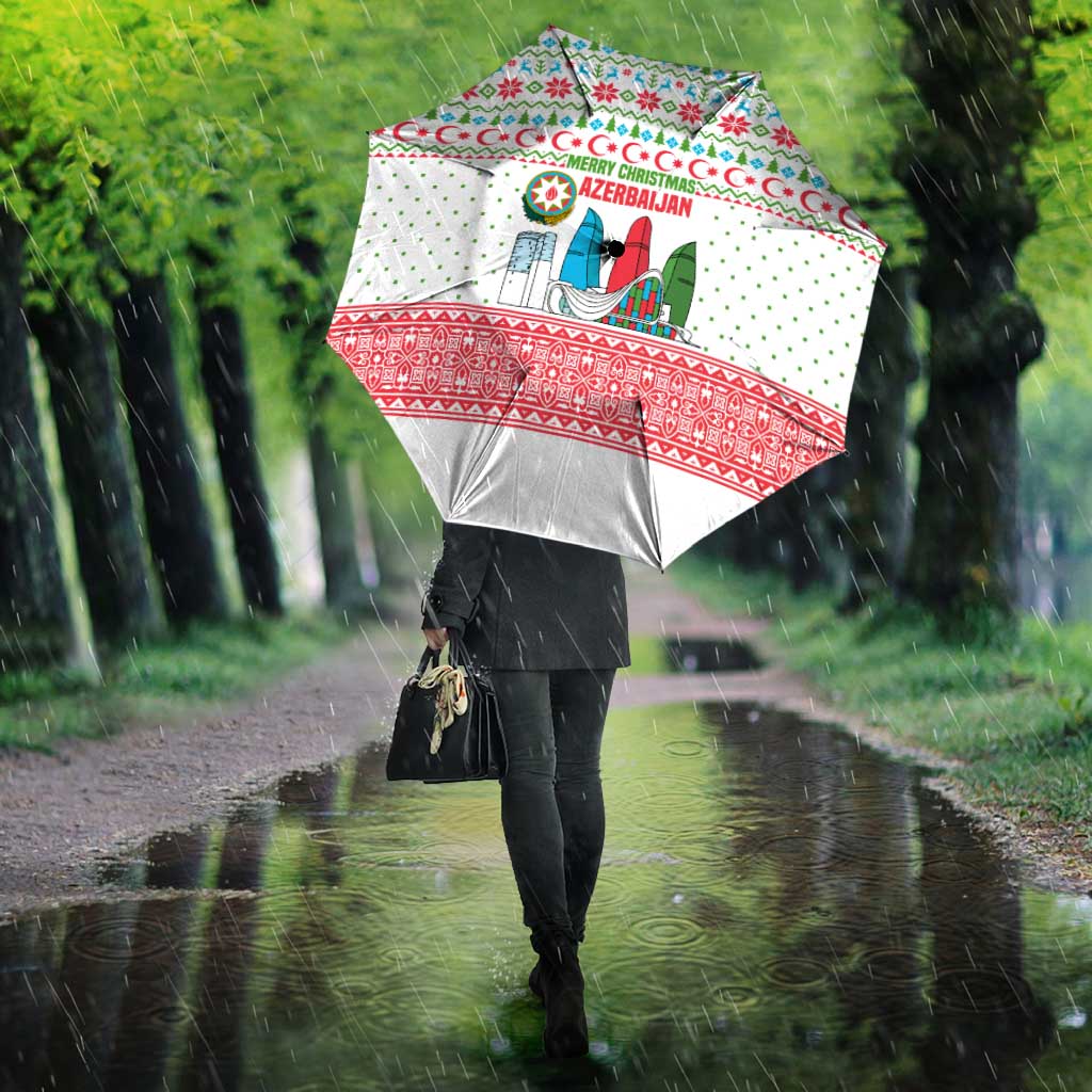 Azerbaijan Christmas Umbrella with Baku Skyline Azerbaijan Flag and Red Green Snowflake Pattern Design - Wonder Print Shop