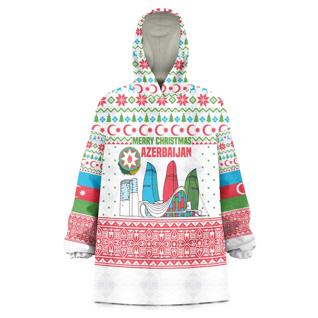 Azerbaijan Christmas Wearable Blanket Hoodie with Baku Skyline Azerbaijan Flag and Red Green Snowflake Pattern Design - Wonder Print Shop