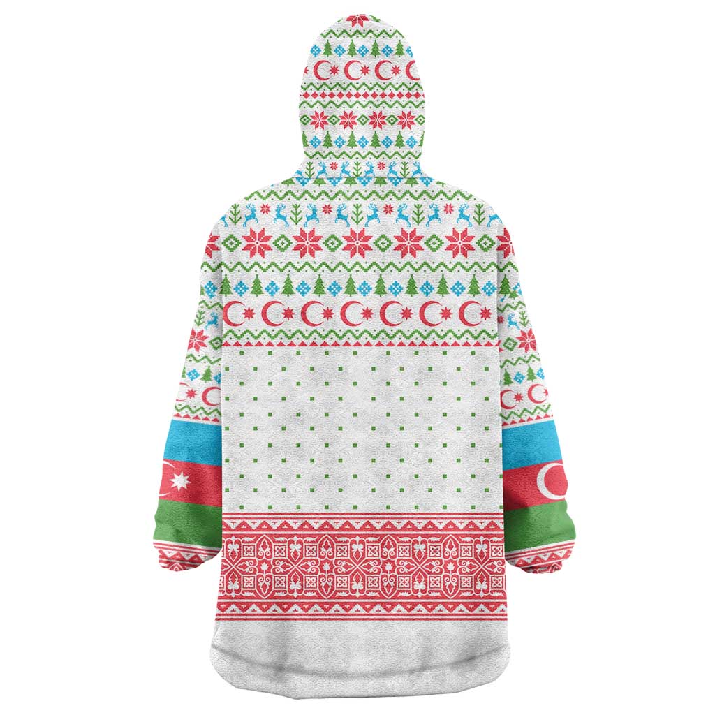 Azerbaijan Christmas Wearable Blanket Hoodie with Baku Skyline Azerbaijan Flag and Red Green Snowflake Pattern Design - Wonder Print Shop