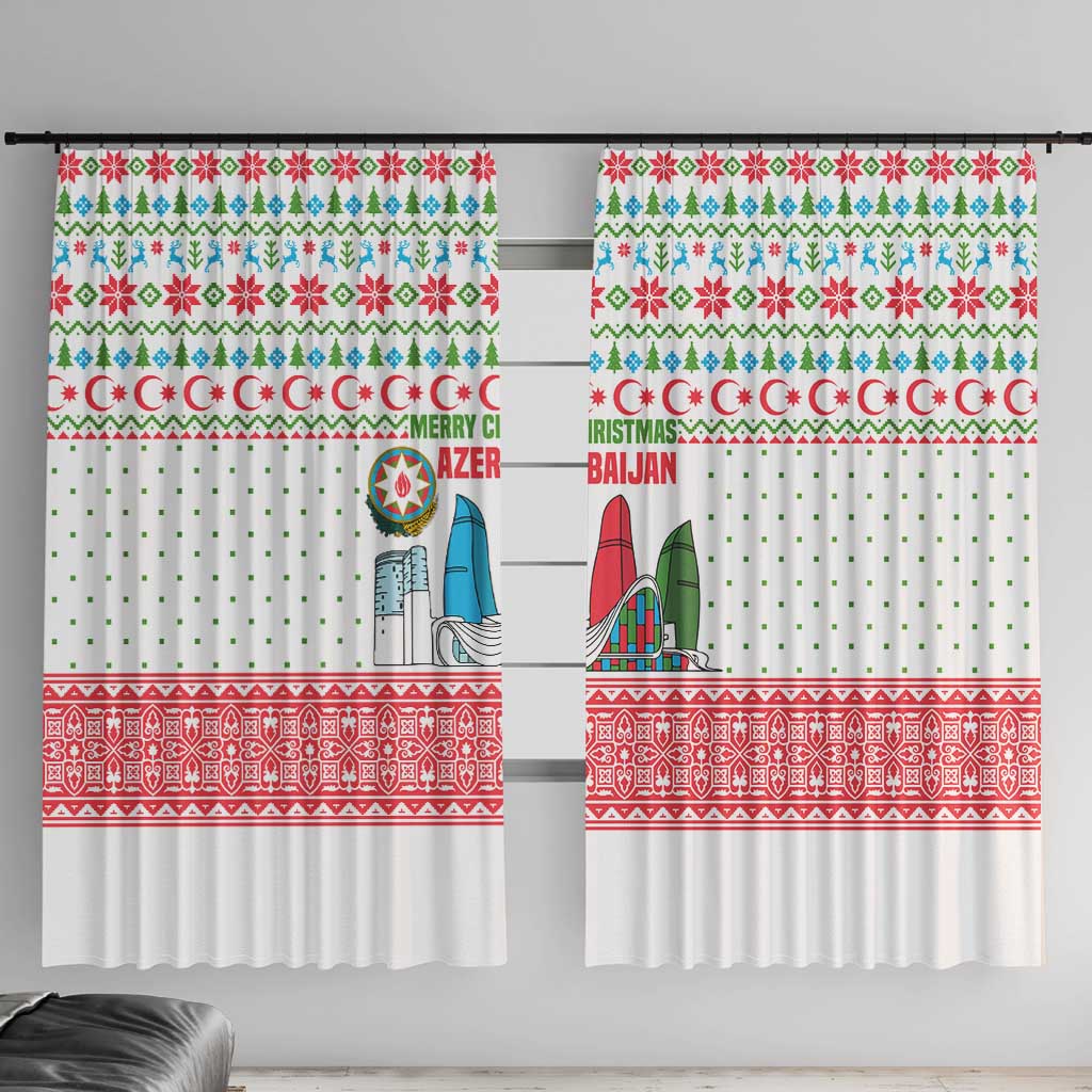 Azerbaijan Christmas Window Curtain with Baku Skyline Azerbaijan Flag and Red Green Snowflake Pattern Design - Wonder Print Shop