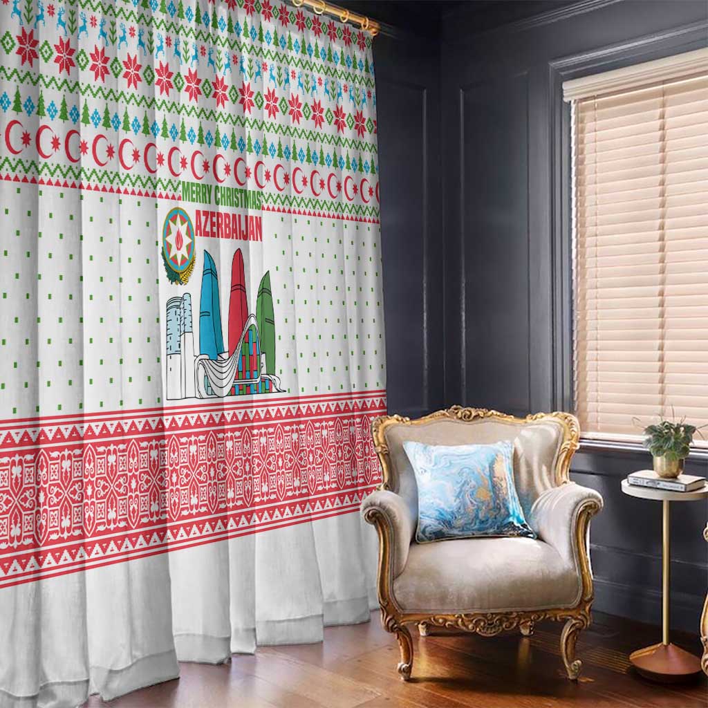 Azerbaijan Christmas Window Curtain with Baku Skyline Azerbaijan Flag and Red Green Snowflake Pattern Design - Wonder Print Shop