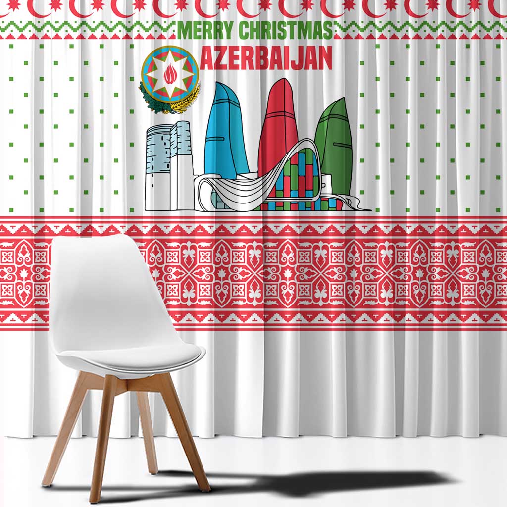Azerbaijan Christmas Window Curtain with Baku Skyline Azerbaijan Flag and Red Green Snowflake Pattern Design - Wonder Print Shop