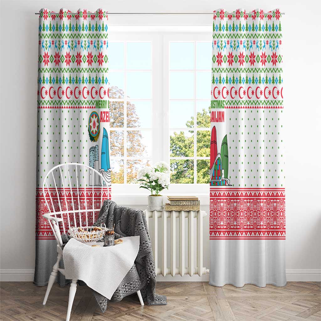 Azerbaijan Christmas Window Curtain with Baku Skyline Azerbaijan Flag and Red Green Snowflake Pattern Design - Wonder Print Shop