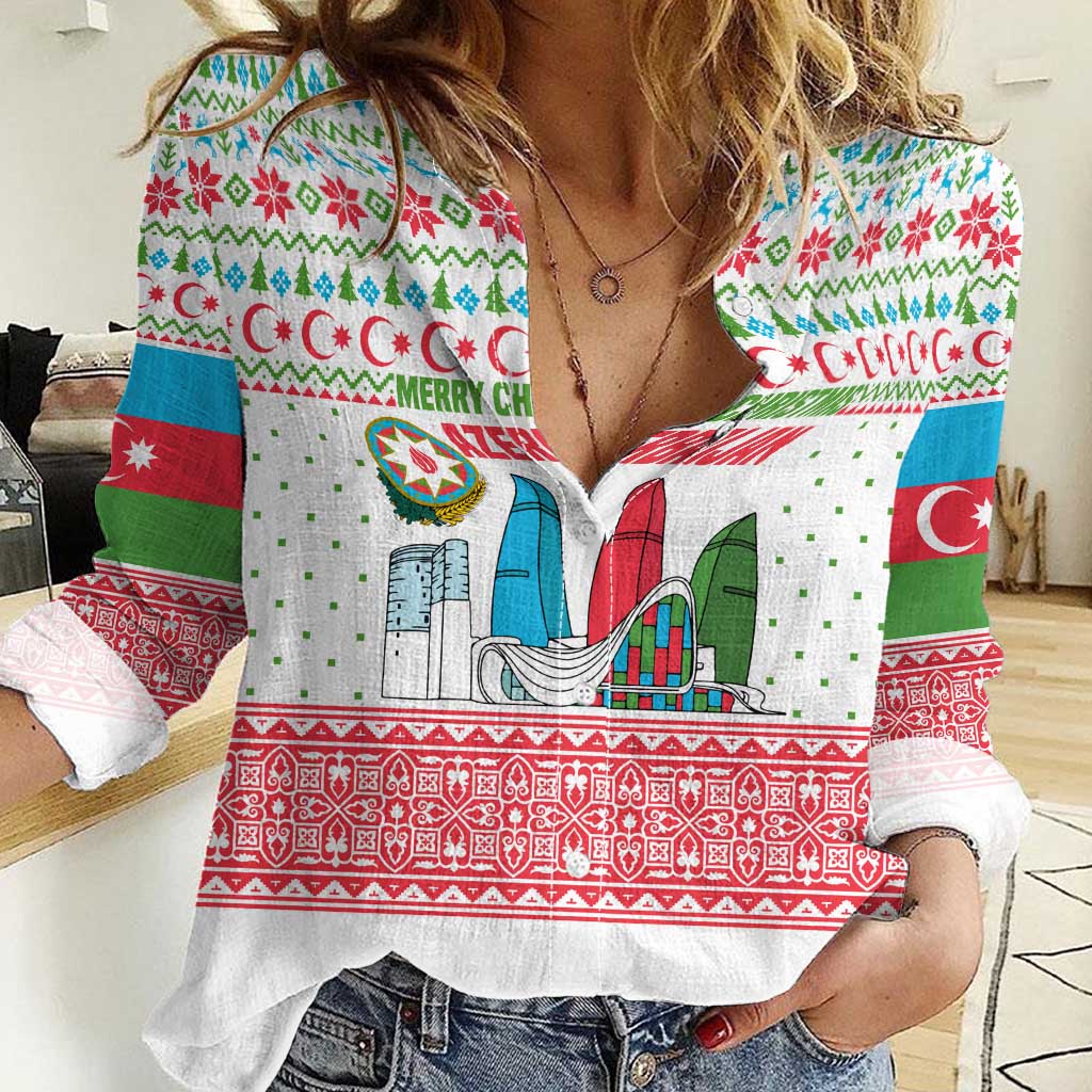 Azerbaijan Christmas Women Casual Shirt with Baku Skyline Azerbaijan Flag and Red Green Snowflake Pattern Design - Wonder Print Shop