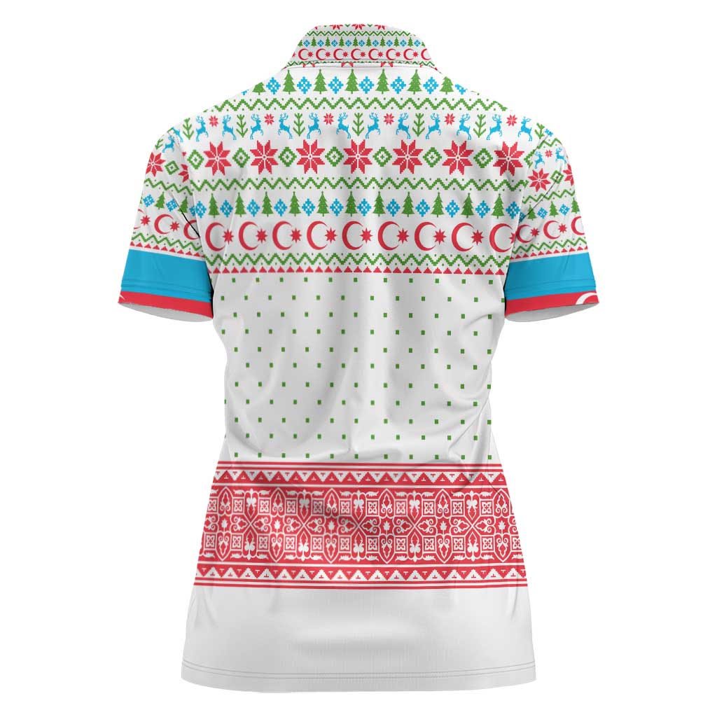 Azerbaijan Christmas Women Polo Shirt with Baku Skyline Azerbaijan Flag and Red Green Snowflake Pattern Design - Wonder Print Shop