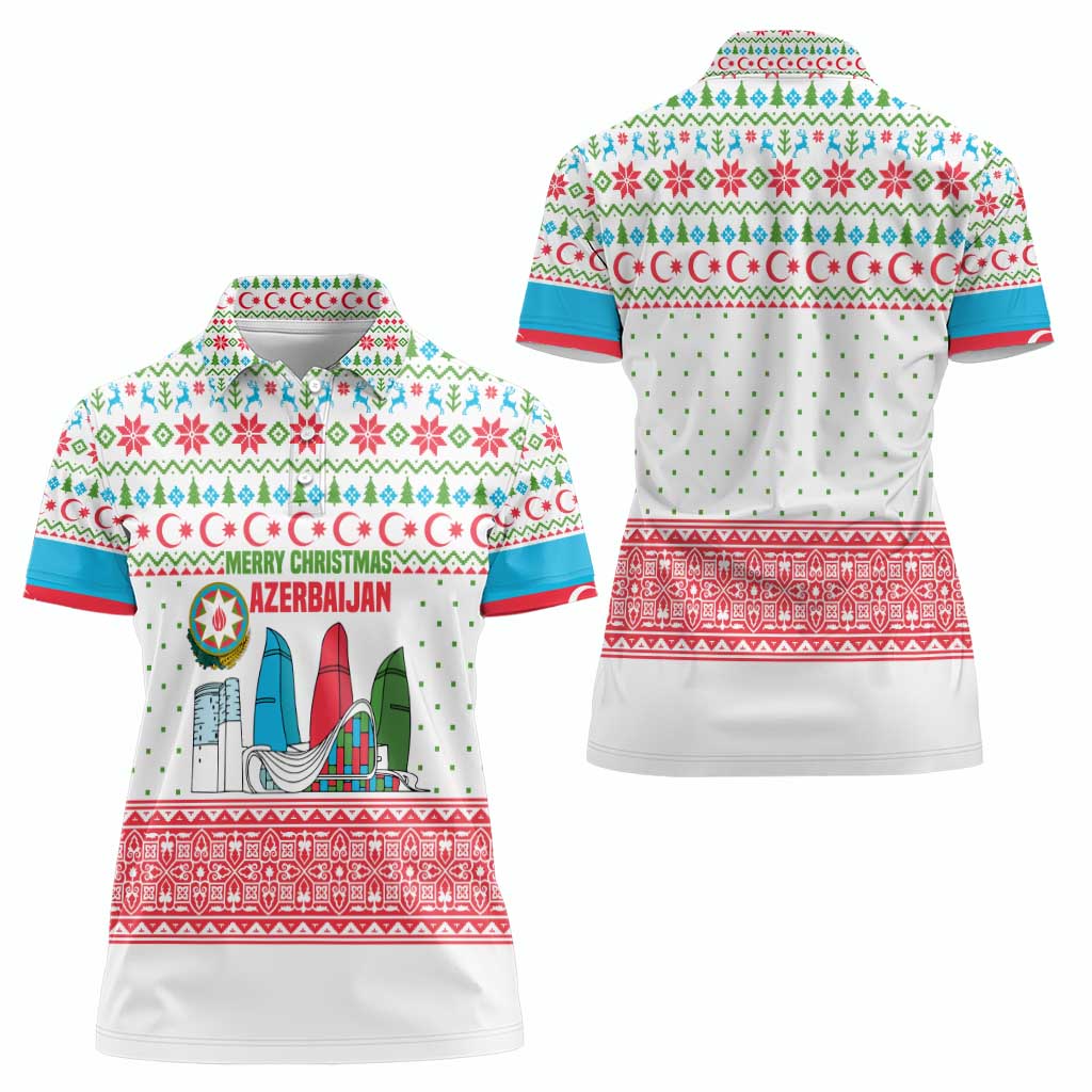 Azerbaijan Christmas Women Polo Shirt with Baku Skyline Azerbaijan Flag and Red Green Snowflake Pattern Design - Wonder Print Shop