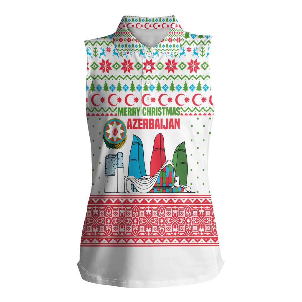 Azerbaijan Christmas Women Sleeveless Polo Shirt with Baku Skyline Azerbaijan Flag and Red Green Snowflake Pattern Design - Wonder Print Shop