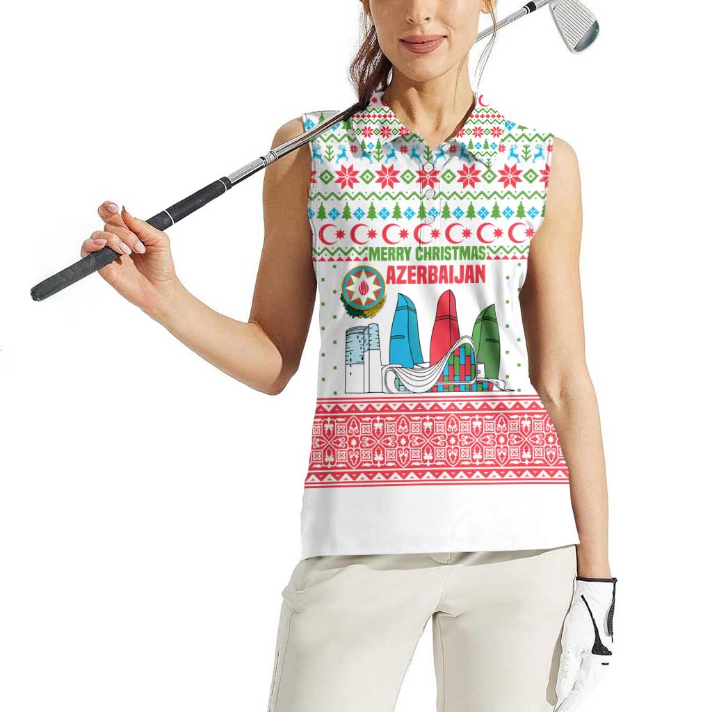 Azerbaijan Christmas Women Sleeveless Polo Shirt with Baku Skyline Azerbaijan Flag and Red Green Snowflake Pattern Design - Wonder Print Shop