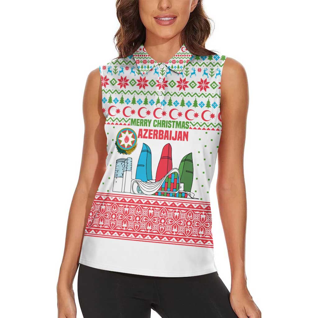 Azerbaijan Christmas Women Sleeveless Polo Shirt with Baku Skyline Azerbaijan Flag and Red Green Snowflake Pattern Design - Wonder Print Shop