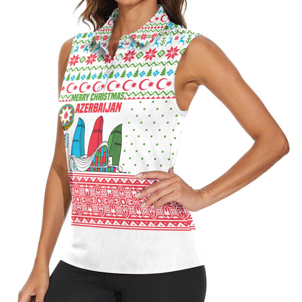 Azerbaijan Christmas Women Sleeveless Polo Shirt with Baku Skyline Azerbaijan Flag and Red Green Snowflake Pattern Design - Wonder Print Shop