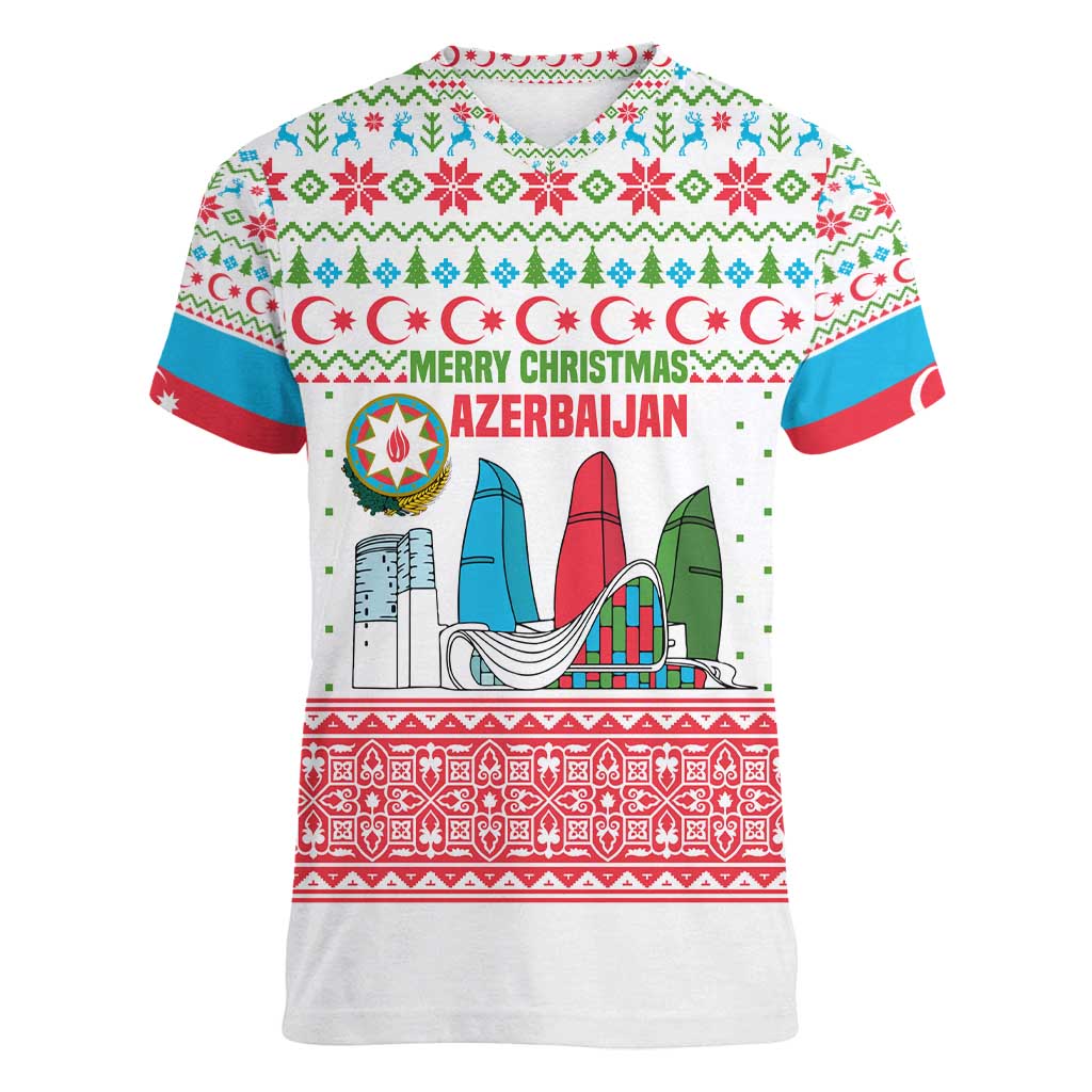 Azerbaijan Christmas Women V-Neck T-Shirt with Baku Skyline Azerbaijan Flag and Red Green Snowflake Pattern Design - Wonder Print Shop