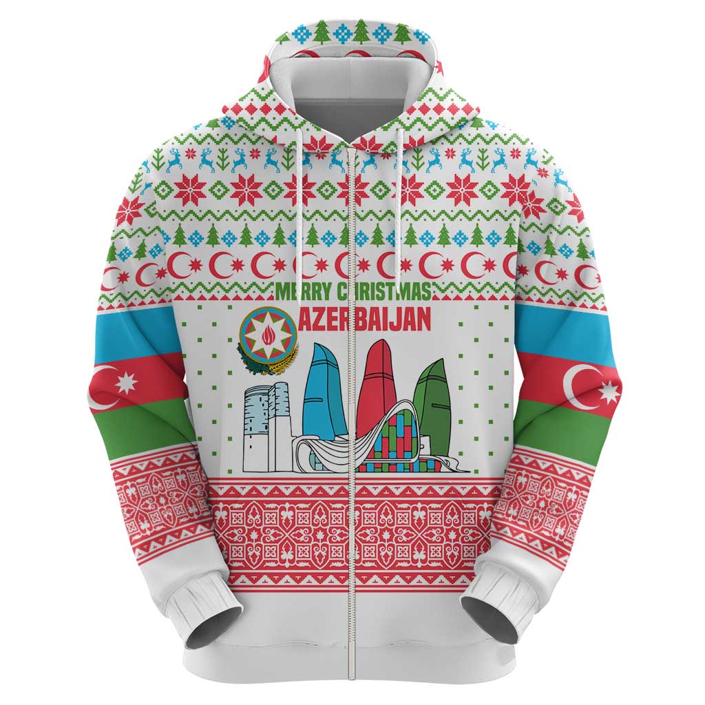 Azerbaijan Christmas Zip Hoodie with Baku Skyline Azerbaijan Flag and Red Green Snowflake Pattern Design - Wonder Print Shop