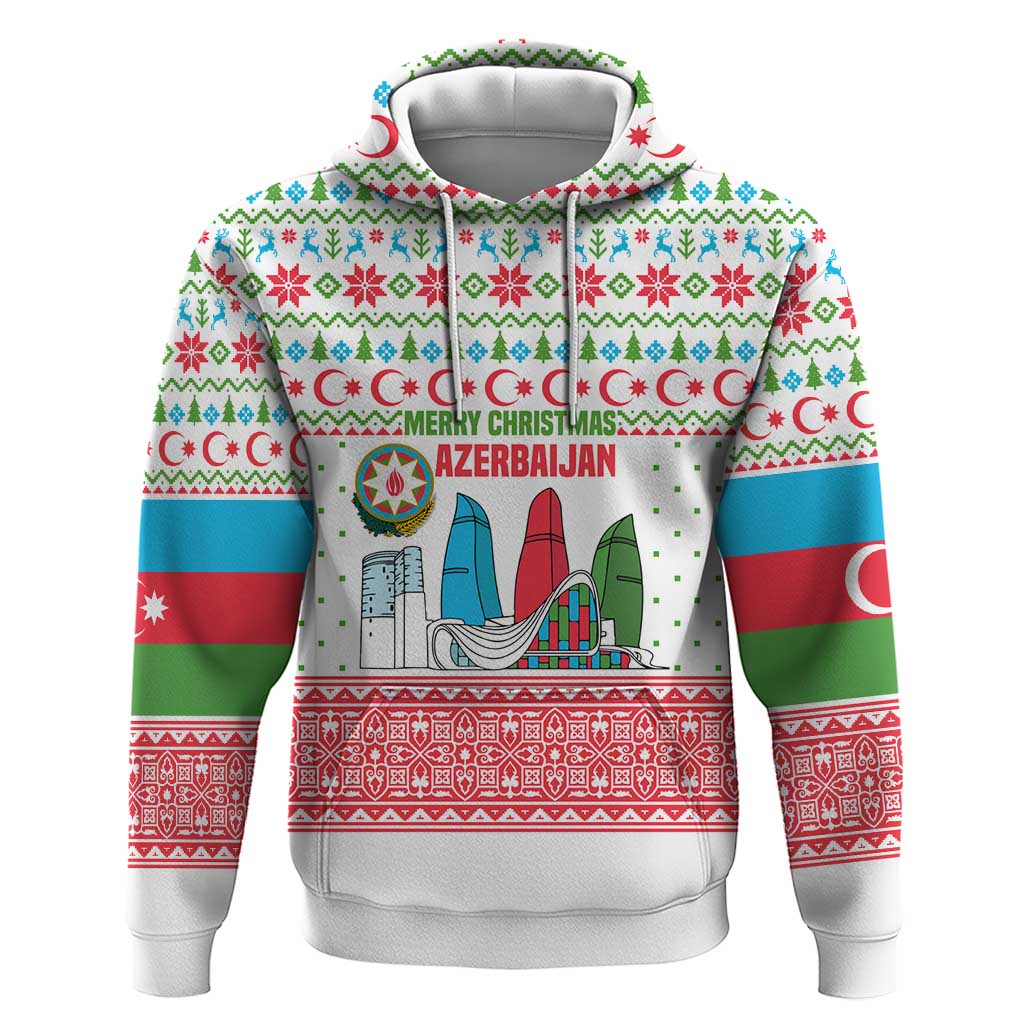 Azerbaijan Christmas Zip Hoodie with Baku Skyline Azerbaijan Flag and Red Green Snowflake Pattern Design - Wonder Print Shop