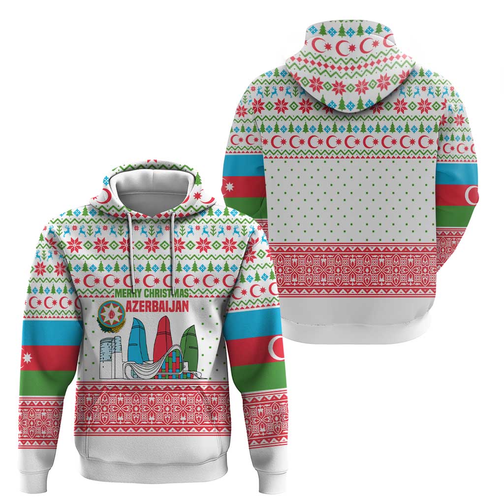 Azerbaijan Christmas Zip Hoodie with Baku Skyline Azerbaijan Flag and Red Green Snowflake Pattern Design - Wonder Print Shop