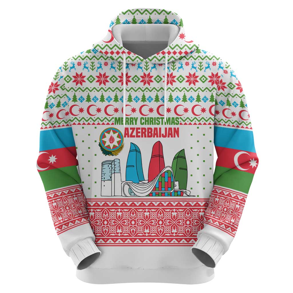 Azerbaijan Christmas Zip Hoodie with Baku Skyline Azerbaijan Flag and Red Green Snowflake Pattern Design - Wonder Print Shop