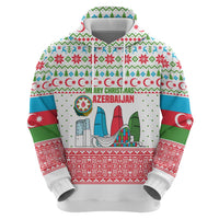 Azerbaijan Christmas Zip Hoodie with Baku Skyline Azerbaijan Flag and Red Green Snowflake Pattern Design - Wonder Print Shop