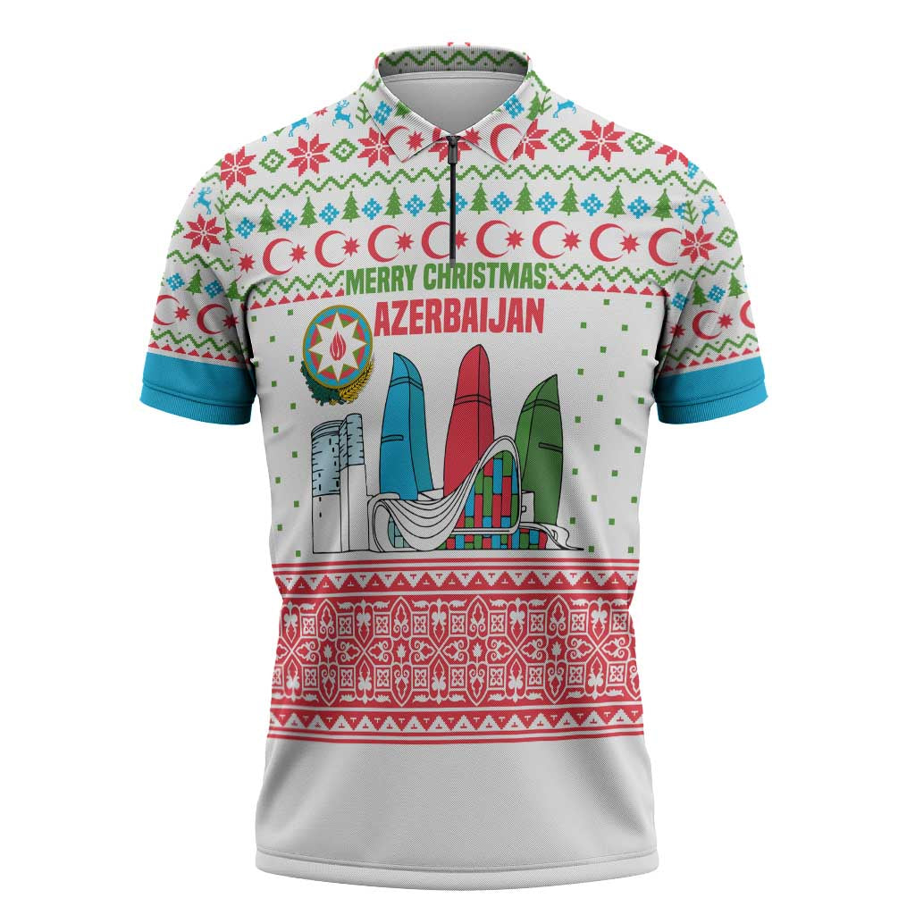 Azerbaijan Christmas Zipper Polo Shirt with Baku Skyline Azerbaijan Flag and Red Green Snowflake Pattern Design - Wonder Print Shop