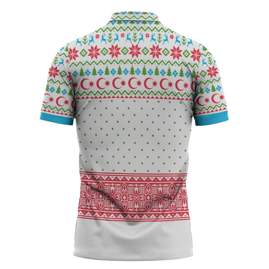 Azerbaijan Christmas Zipper Polo Shirt with Baku Skyline Azerbaijan Flag and Red Green Snowflake Pattern Design - Wonder Print Shop