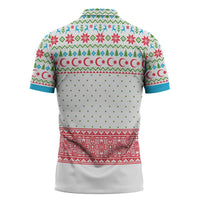 Azerbaijan Christmas Zipper Polo Shirt with Baku Skyline Azerbaijan Flag and Red Green Snowflake Pattern Design - Wonder Print Shop