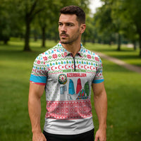 Azerbaijan Christmas Zipper Polo Shirt with Baku Skyline Azerbaijan Flag and Red Green Snowflake Pattern Design - Wonder Print Shop