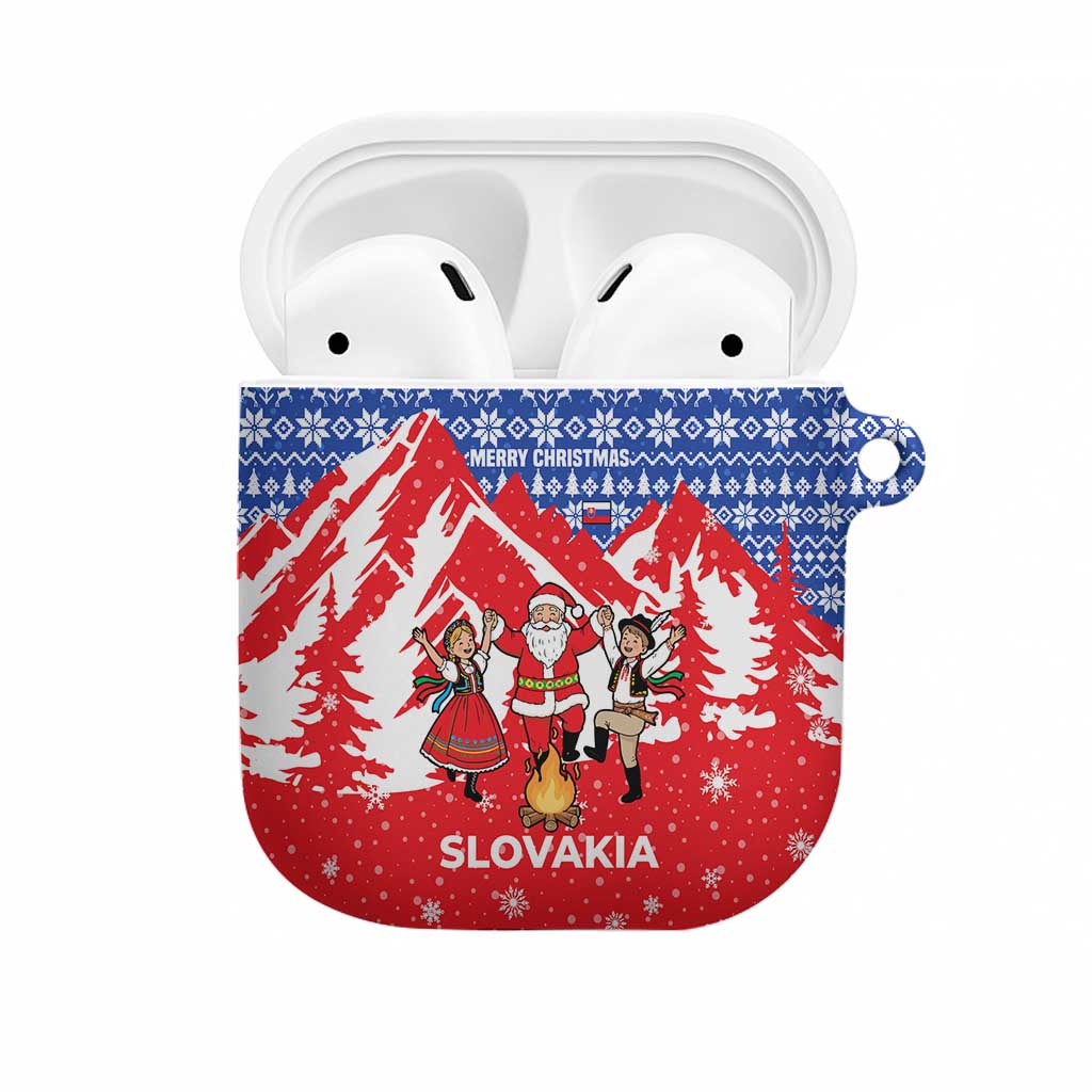Slovakia Christmas AirPods Case with Santa and Dancers by Campfire Snowy Mountains and Red Blue Snowflake Pattern Design - Wonder Print Shop