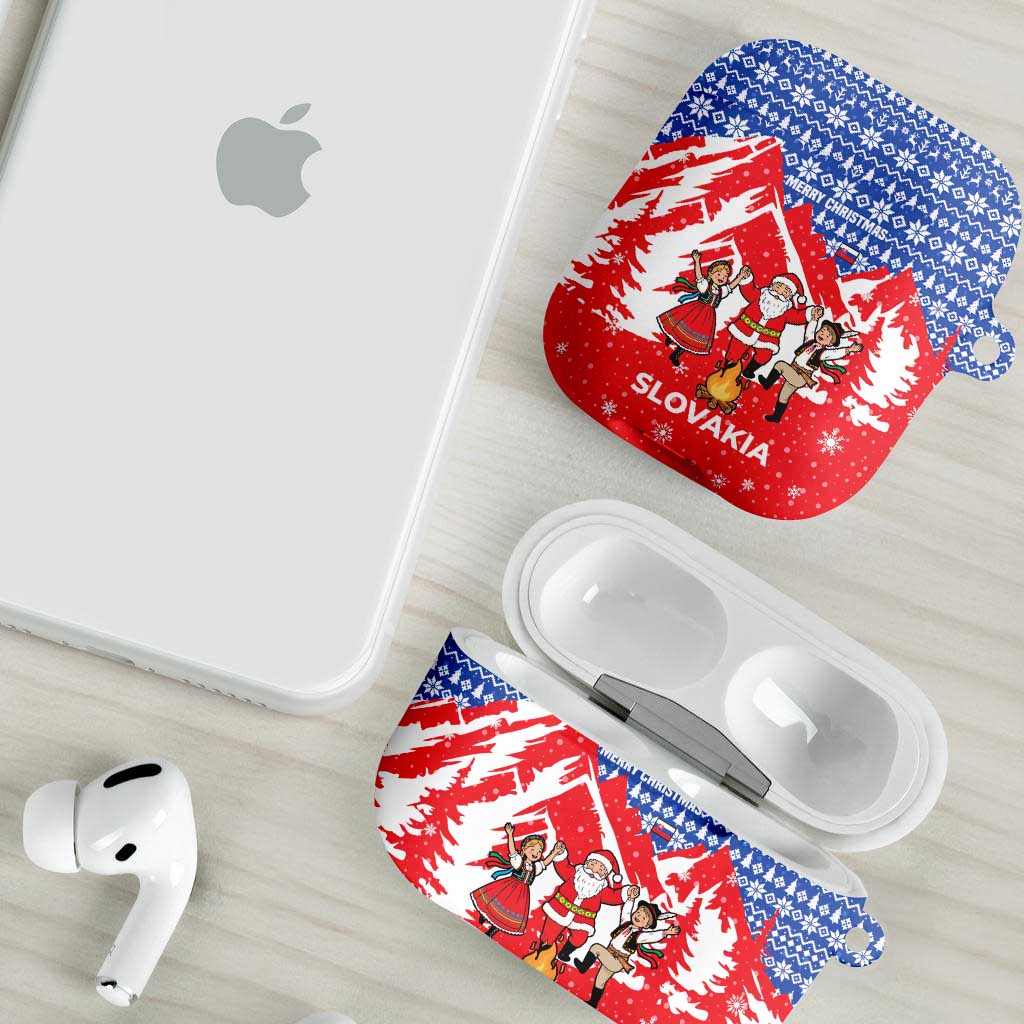 Slovakia Christmas AirPods Case with Santa and Dancers by Campfire Snowy Mountains and Red Blue Snowflake Pattern Design - Wonder Print Shop
