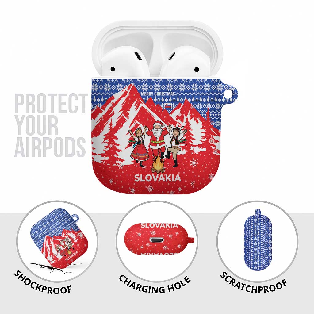 Slovakia Christmas AirPods Case with Santa and Dancers by Campfire Snowy Mountains and Red Blue Snowflake Pattern Design - Wonder Print Shop