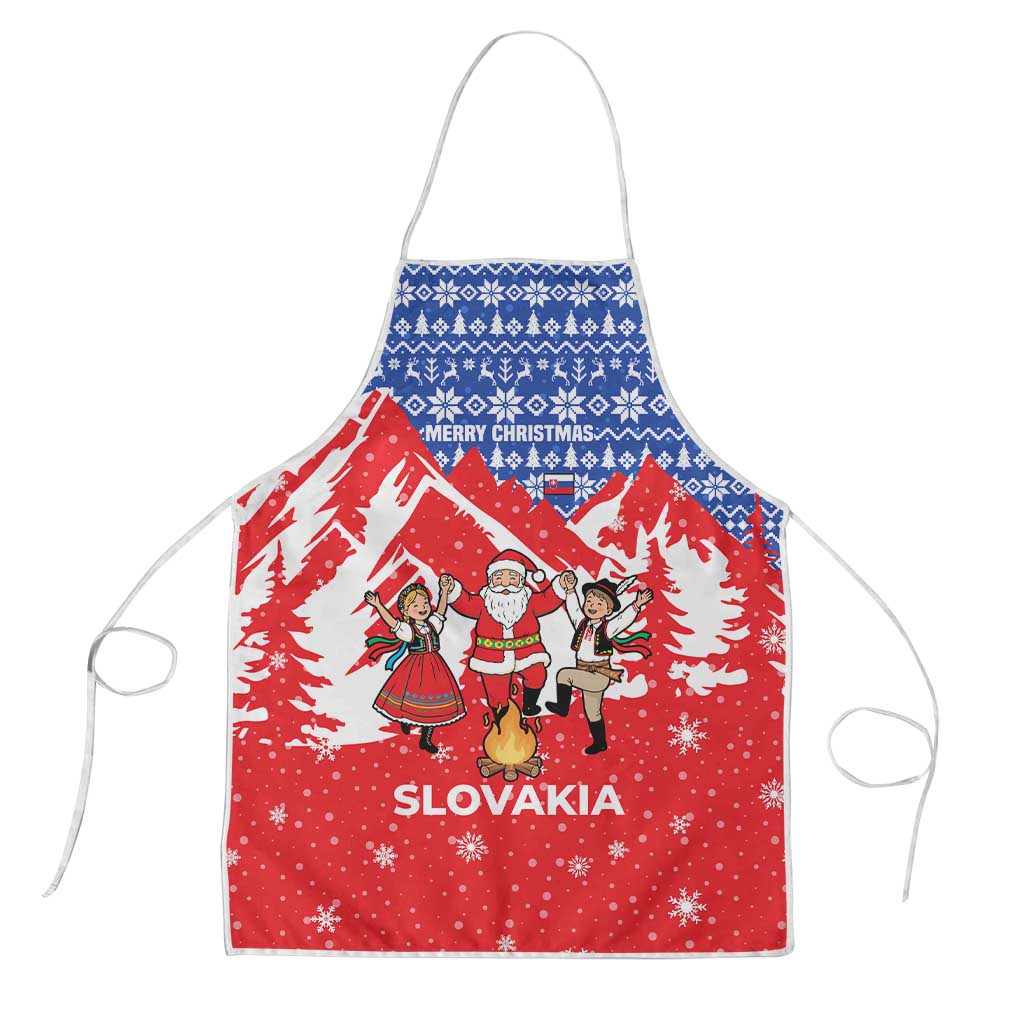 Slovakia Christmas Apron with Santa and Dancers by Campfire Snowy Mountains and Red Blue Snowflake Pattern Design - Wonder Print Shop