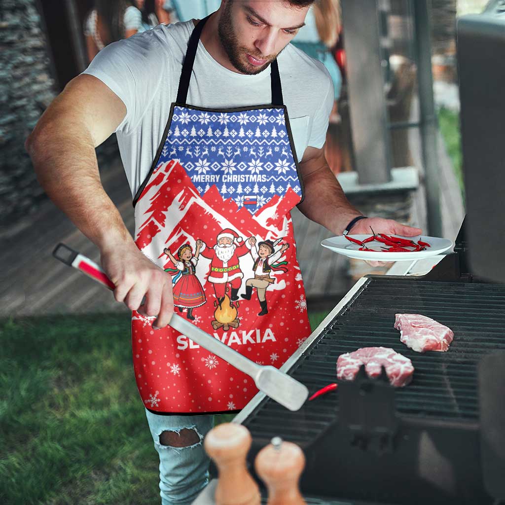 Slovakia Christmas Apron with Santa and Dancers by Campfire Snowy Mountains and Red Blue Snowflake Pattern Design - Wonder Print Shop
