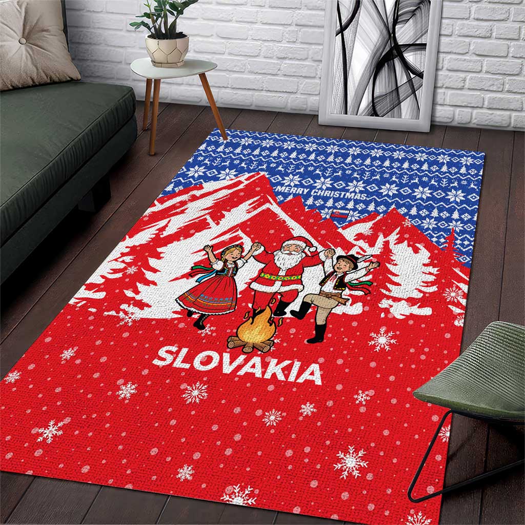Slovakia Christmas Area Rug with Santa and Dancers by Campfire Snowy Mountains and Red Blue Snowflake Pattern Design - Wonder Print Shop
