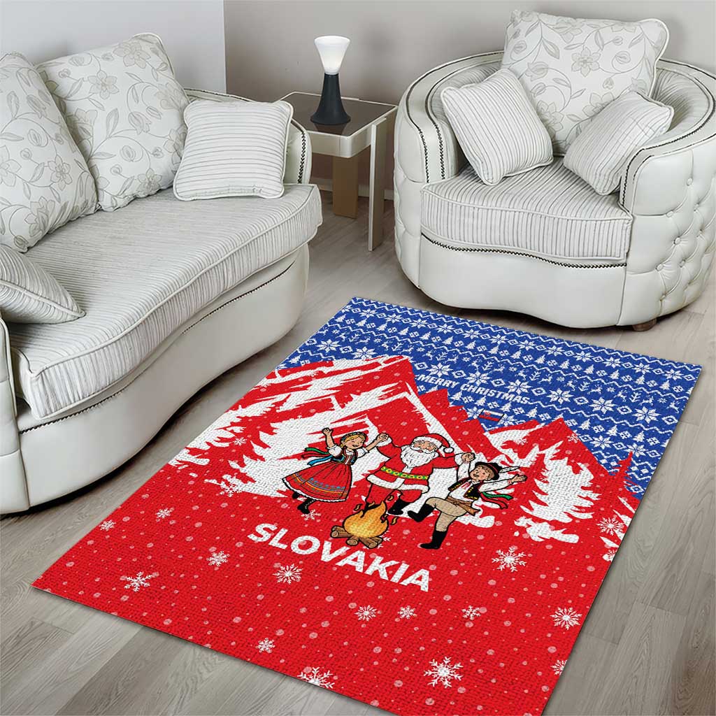 Slovakia Christmas Area Rug with Santa and Dancers by Campfire Snowy Mountains and Red Blue Snowflake Pattern Design - Wonder Print Shop