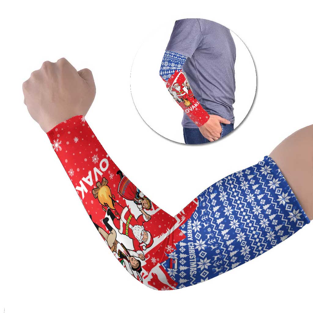 Slovakia Christmas Arm Sleeves with Santa and Dancers by Campfire Snowy Mountains and Red Blue Snowflake Pattern Design - Wonder Print Shop