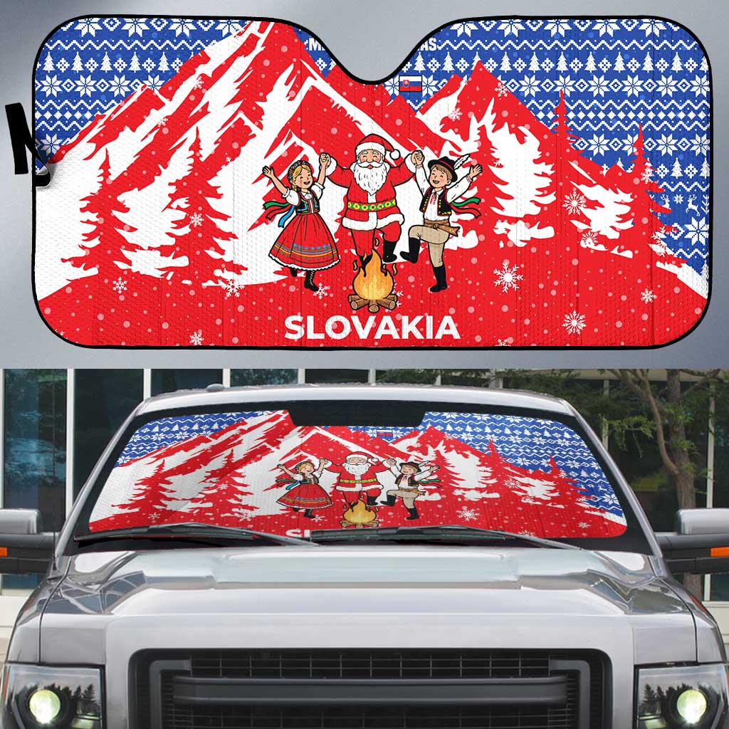 Slovakia Christmas Auto Sun Shade with Santa and Dancers by Campfire Snowy Mountains and Red Blue Snowflake Pattern Design - Wonder Print Shop