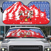 Slovakia Christmas Auto Sun Shade with Santa and Dancers by Campfire Snowy Mountains and Red Blue Snowflake Pattern Design - Wonder Print Shop