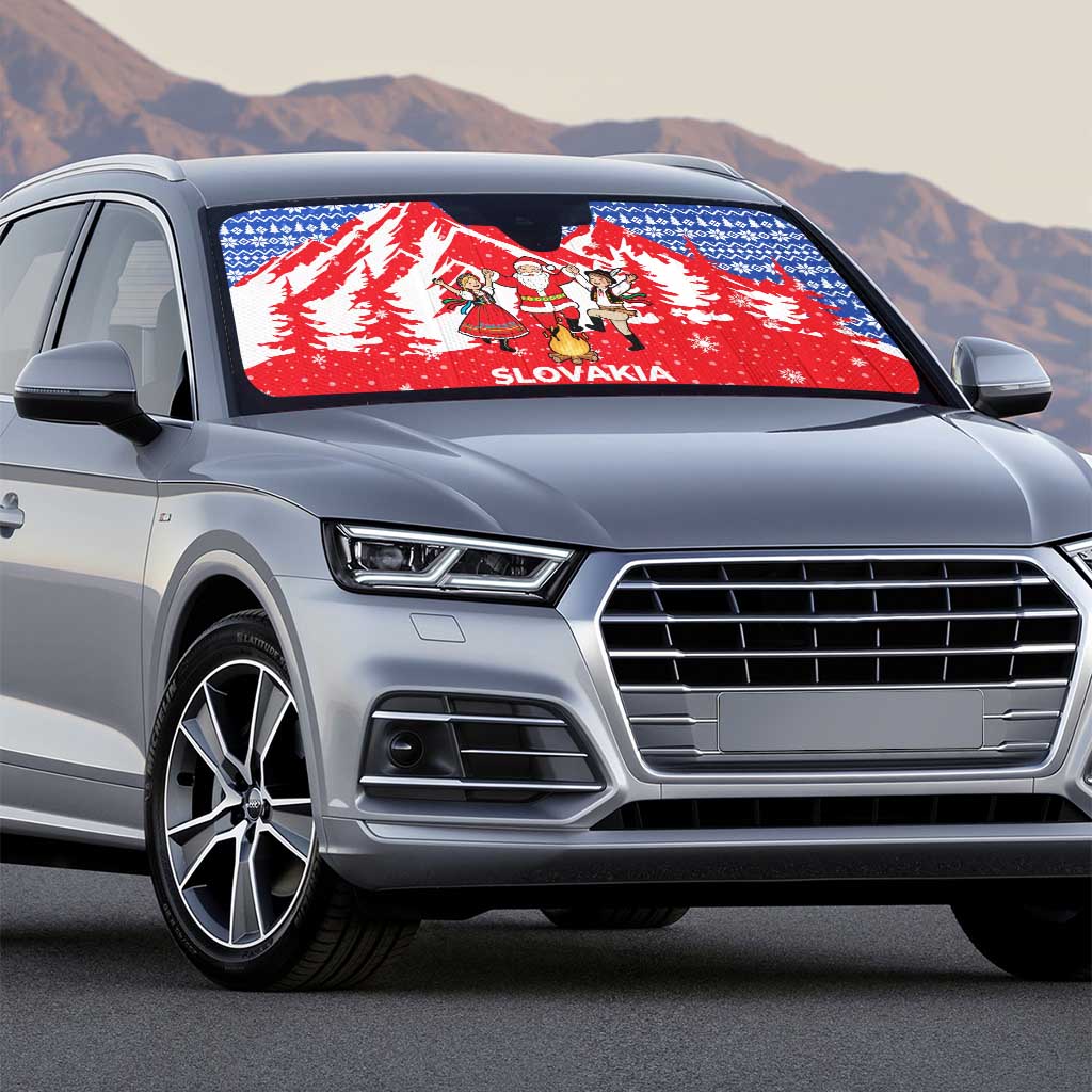 Slovakia Christmas Auto Sun Shade with Santa and Dancers by Campfire Snowy Mountains and Red Blue Snowflake Pattern Design - Wonder Print Shop