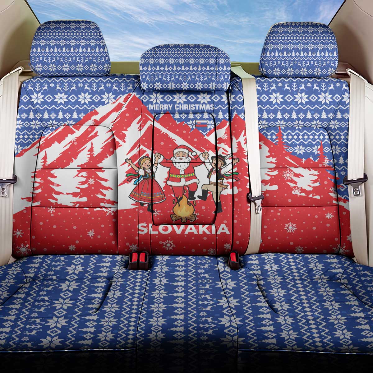 Slovakia Christmas Back Car Seat Cover with Santa and Dancers by Campfire Snowy Mountains and Red Blue Snowflake Pattern Design - Wonder Print Shop