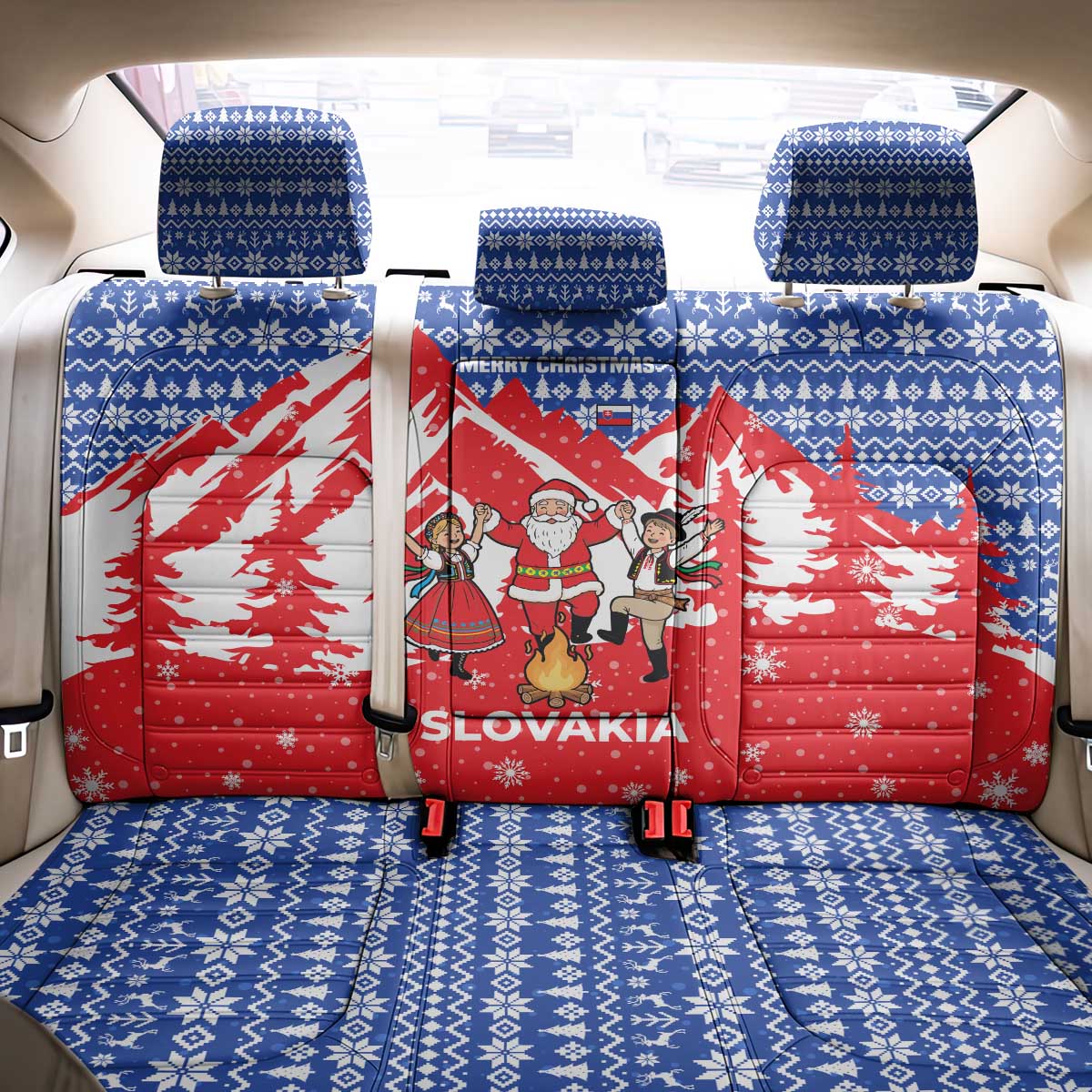 Slovakia Christmas Back Car Seat Cover with Santa and Dancers by Campfire Snowy Mountains and Red Blue Snowflake Pattern Design - Wonder Print Shop