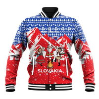 Slovakia Christmas Baseball Jacket with Santa and Dancers by Campfire Snowy Mountains and Red Blue Snowflake Pattern Design - Wonder Print Shop
