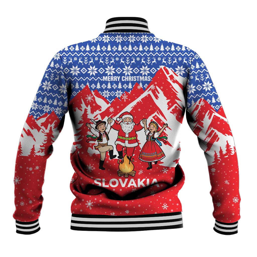 Slovakia Christmas Baseball Jacket with Santa and Dancers by Campfire Snowy Mountains and Red Blue Snowflake Pattern Design - Wonder Print Shop