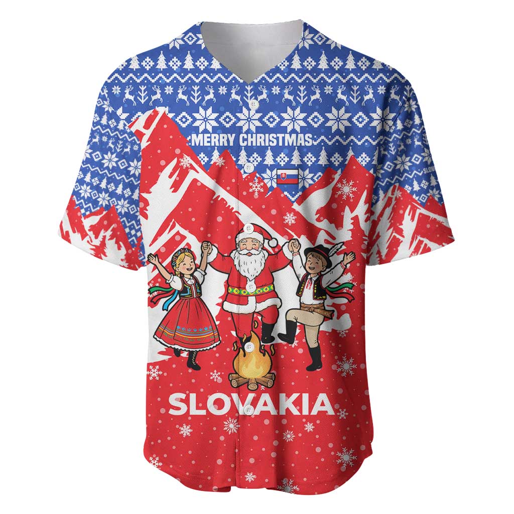 Slovakia Christmas Baseball Jersey with Santa and Dancers by Campfire Snowy Mountains and Red Blue Snowflake Pattern Design - Wonder Print Shop