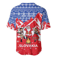 Slovakia Christmas Baseball Jersey with Santa and Dancers by Campfire Snowy Mountains and Red Blue Snowflake Pattern Design - Wonder Print Shop